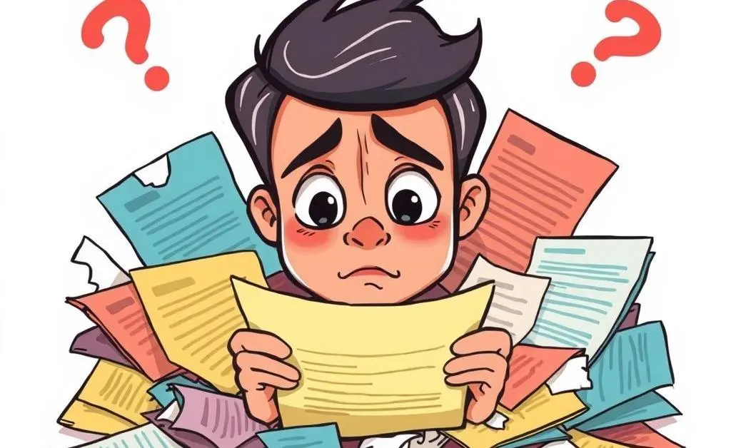 Cartoon of a man surrounded by online shopping bags, looking confused