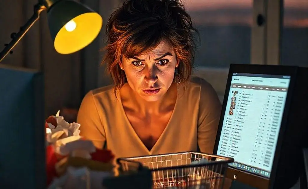 A woman staring at her overflowing online shopping cart