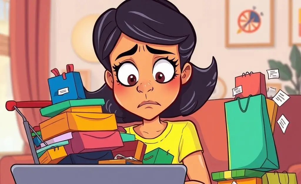 A woman staring at her overflowing online shopping cart