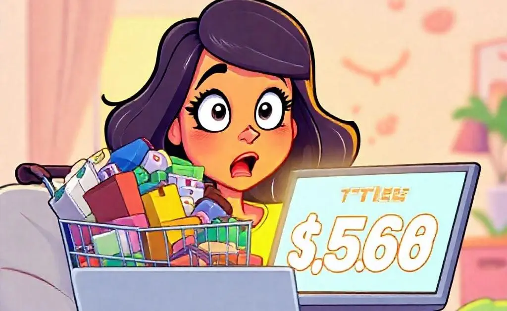 A woman staring at her overflowing online shopping cart