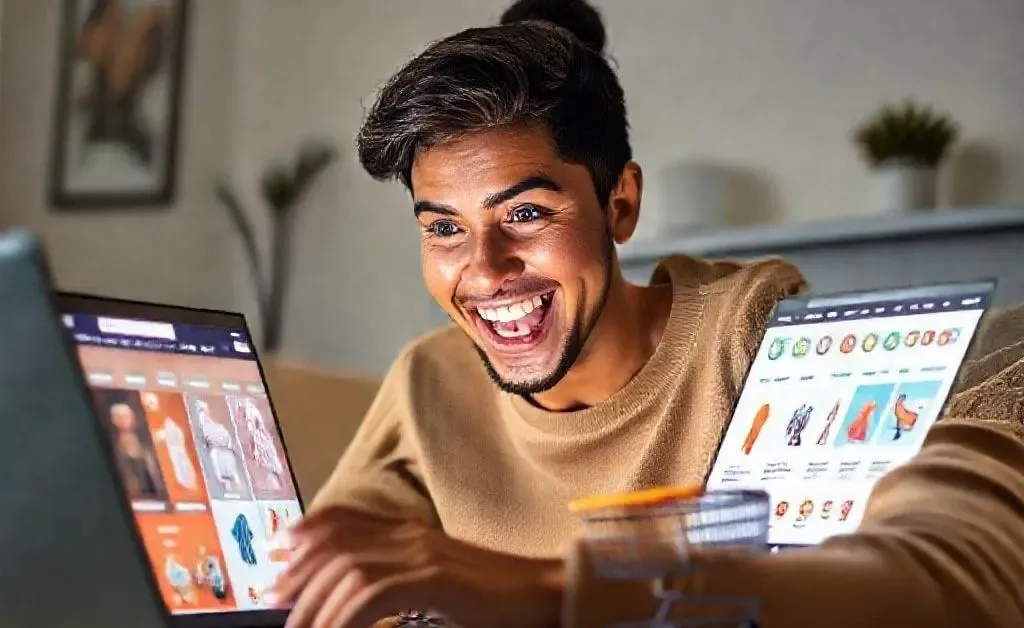 A person window shopping online, eyes wide in excitement as they add items to their virtual cart