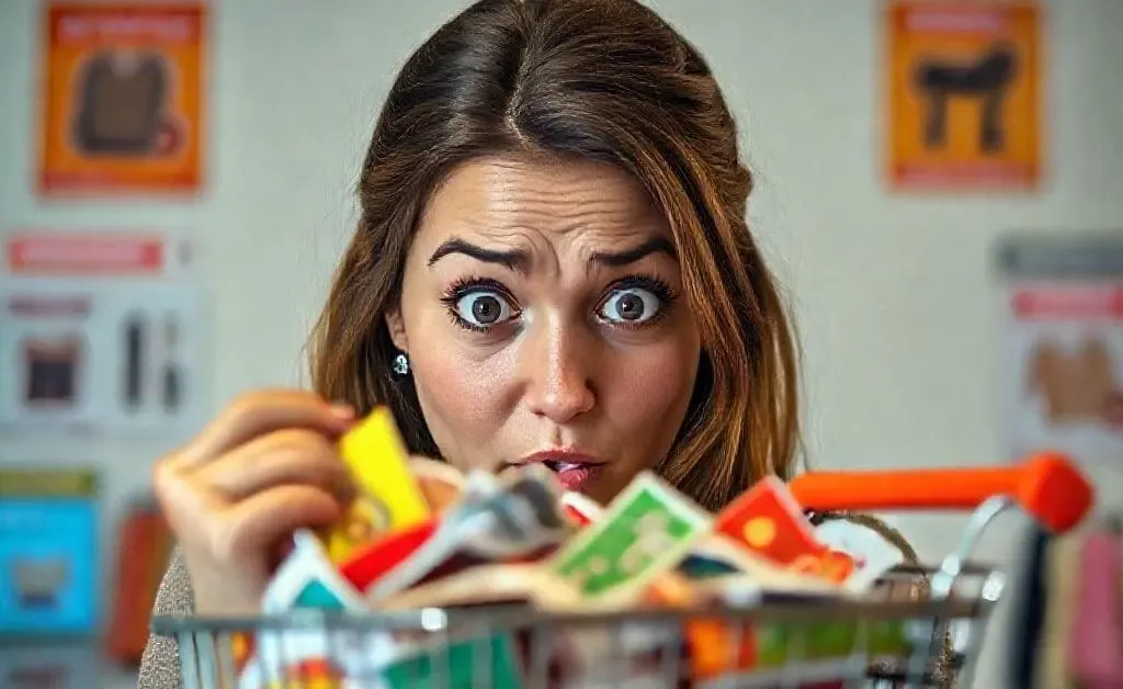 A woman staring at her overflowing online shopping cart
