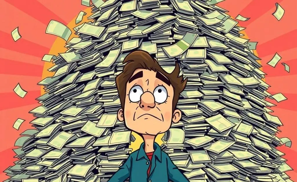 A cartoon man looking bewildered at a towering pile of bills