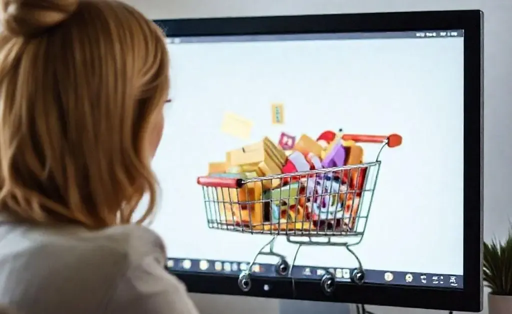 A woman staring at her overflowing online shopping cart
