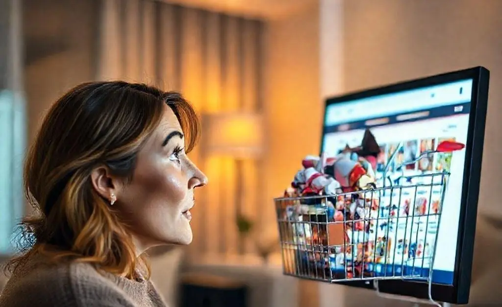 A woman staring at her overflowing online shopping cart
