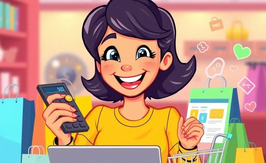 Cartoon woman happily adding items to her online shopping cart with a calculator in hand