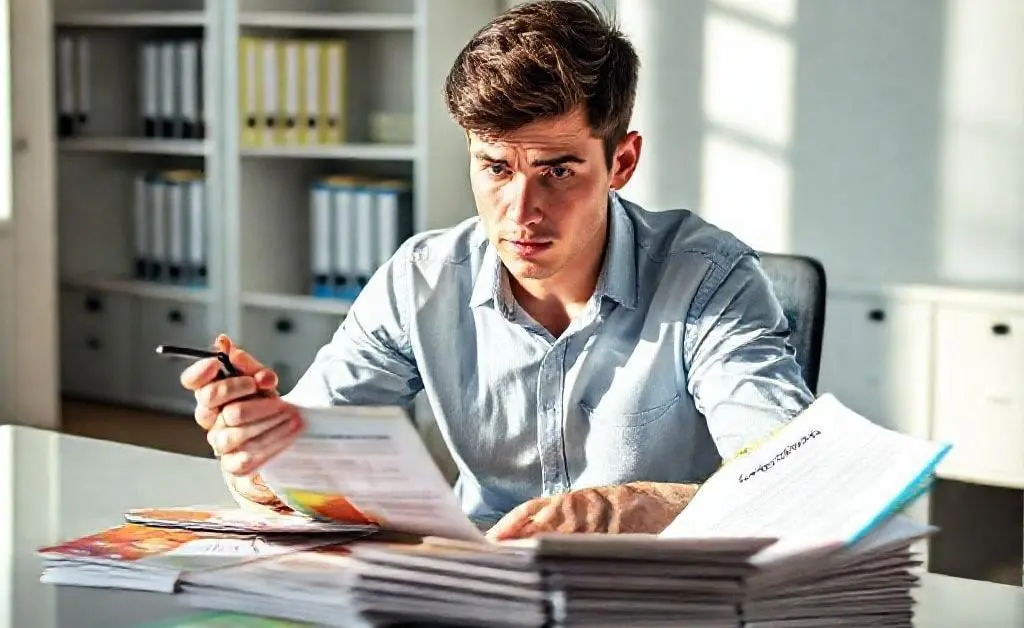 A young man sitting at a desk with multiple brochures labeled 'Budget Plan,' looking puzzled