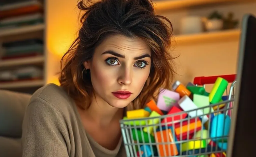 A woman staring at her overflowing online shopping cart