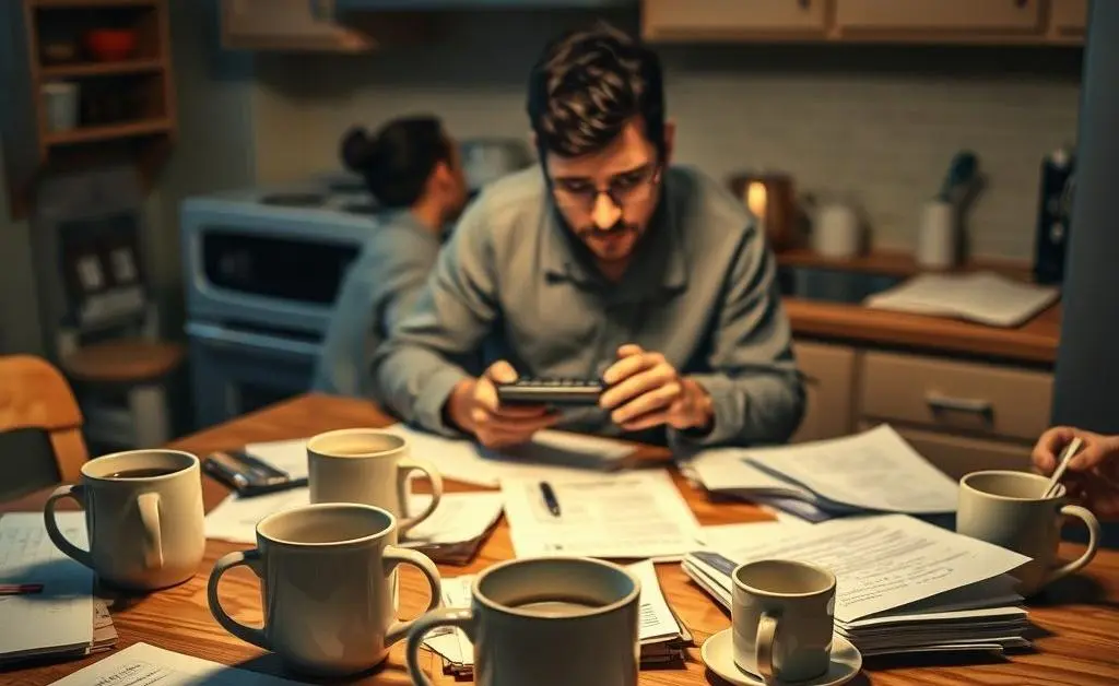 A kitchen table with cups of coffee, papers, and a restless man with a calculator