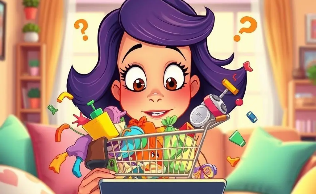A cartoon woman staring at her overflowing online shopping cart, looking puzzled
