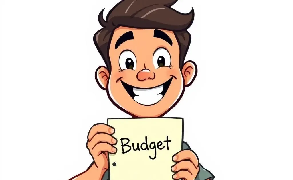 A cartoon man optimistically holding a notepad labeled 'Budget', looking determined.