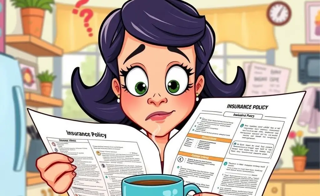 cartoon woman staring at a confusing insurance policy with a cup of coffee