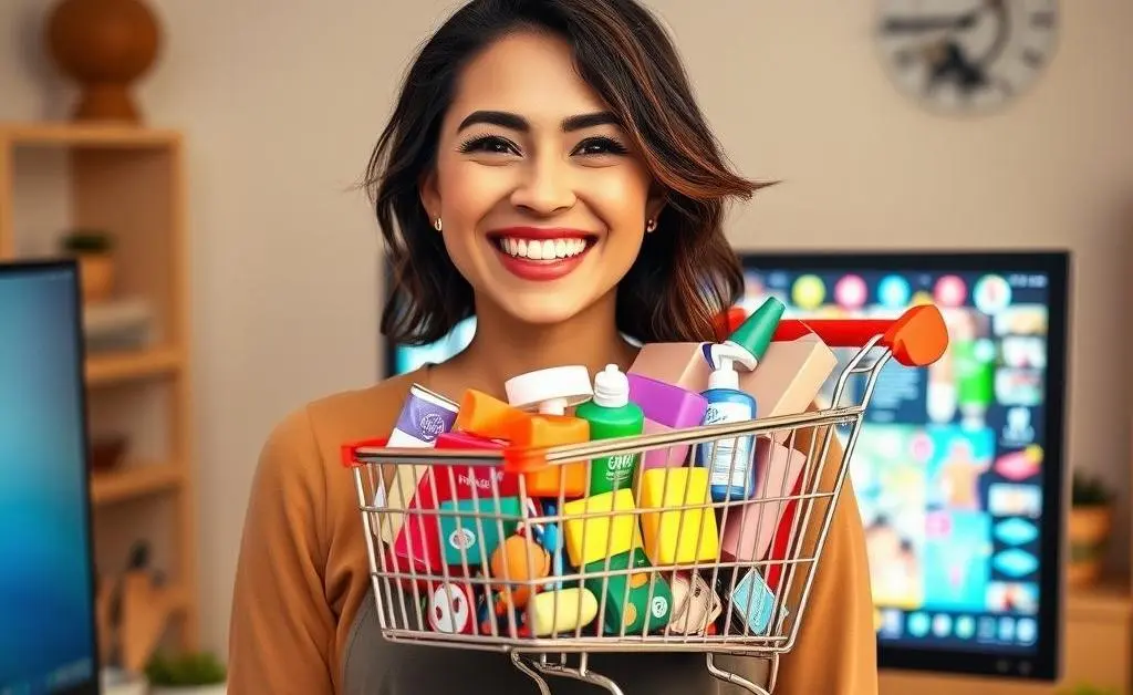 A woman with a look of glee standing in front of her computer, an online shopping cart on the screen overflowing with items