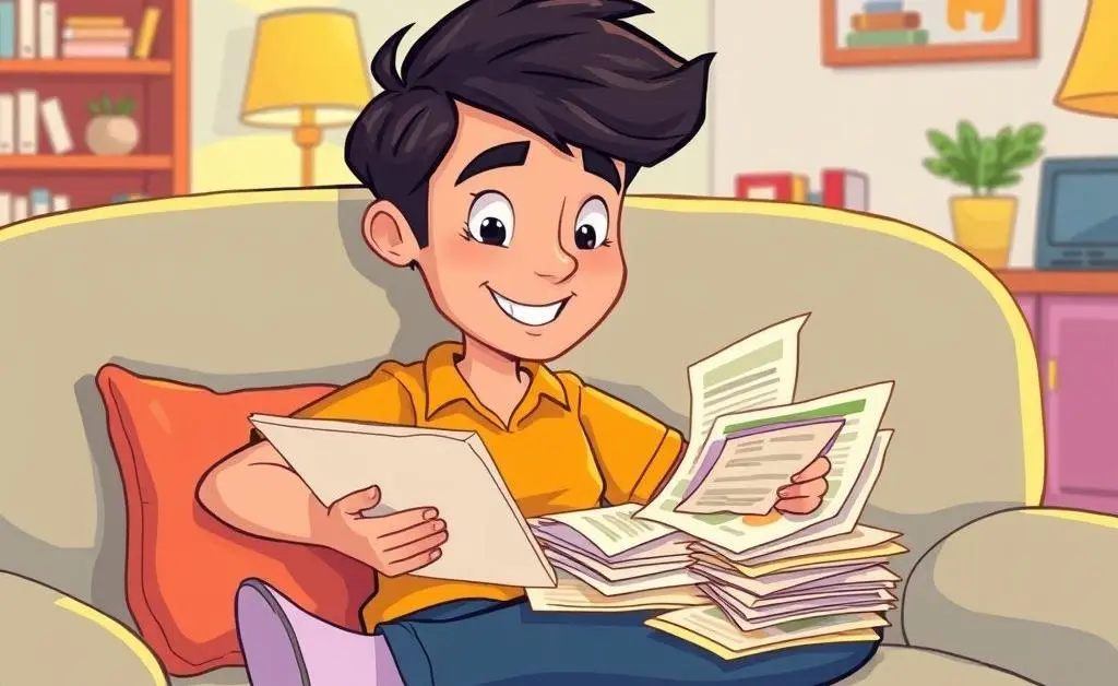 A cartoon person lounging on a sofa sorting through bills