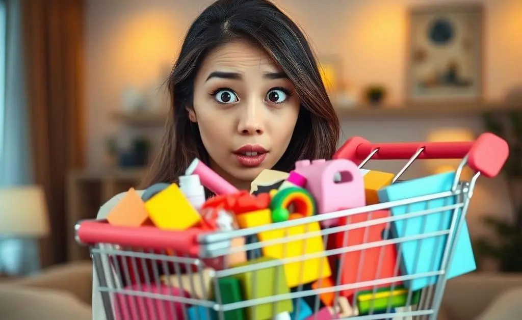 A woman staring at her overflowing online shopping cart