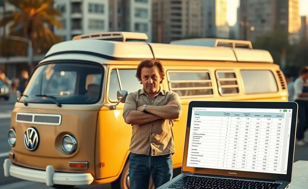 A confused Alex standing next to a vintage VW van parked next to a Budget spreadsheet