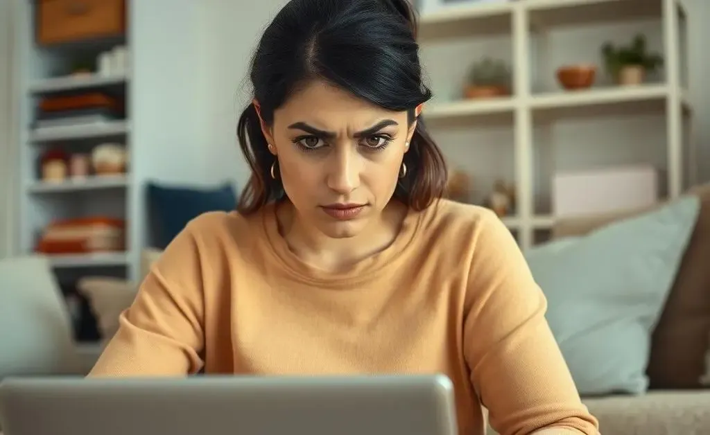 A worried woman staring at her large online shopping cart total on her laptop screen.