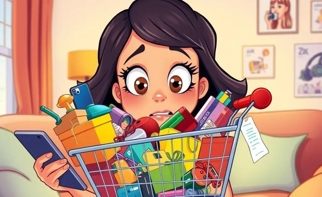A woman staring at her overflowing online shopping cart
