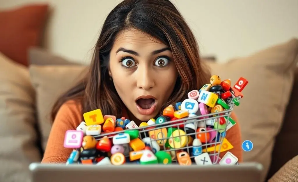 A woman staring at her overflowing online shopping cart