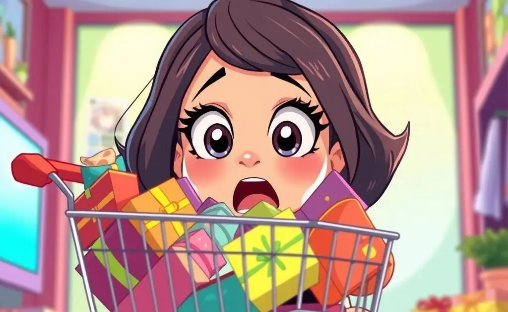 A woman staring at her overflowing online shopping cart