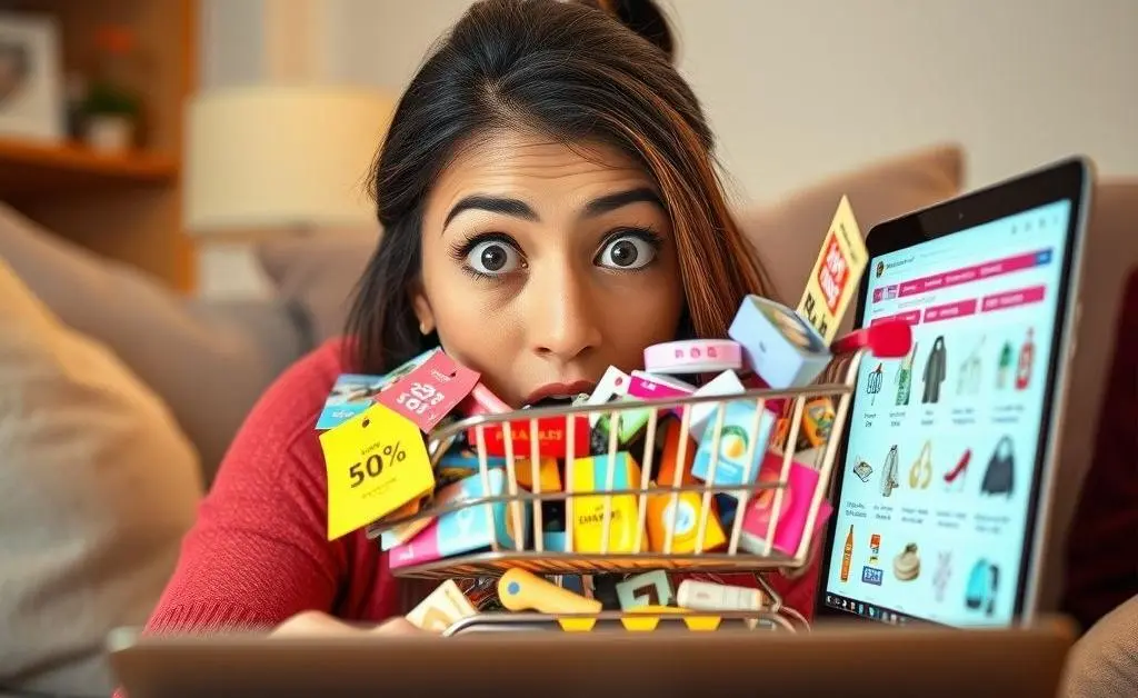 A woman staring at her overflowing online shopping cart
