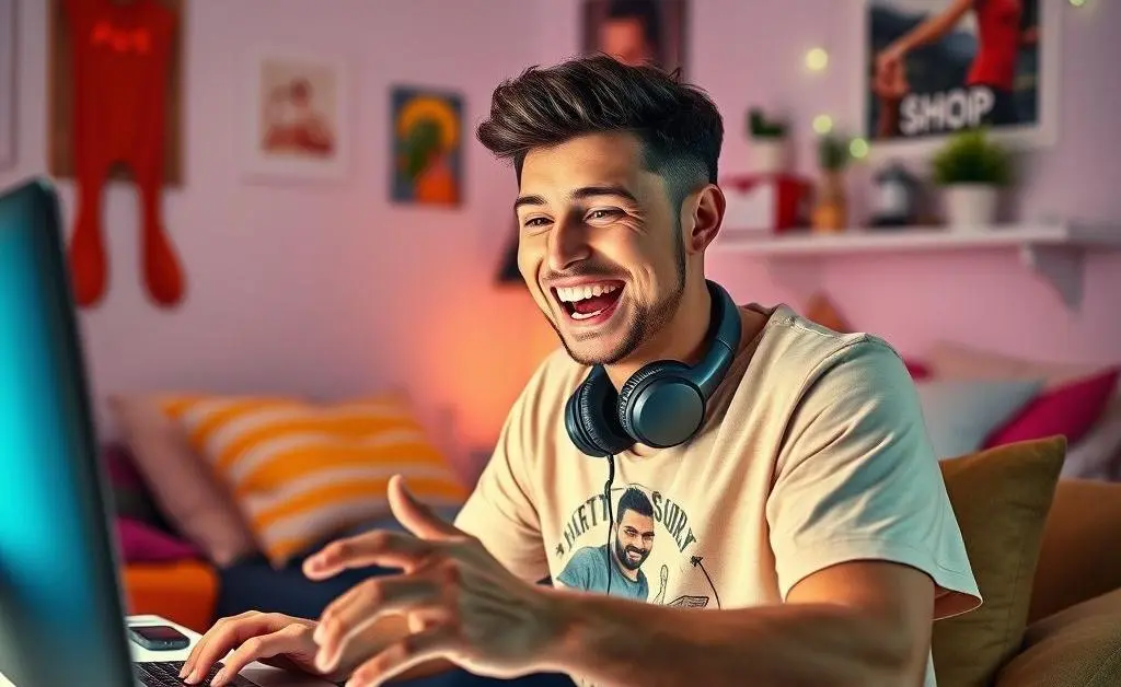 A young man enthusiastically browsing an online shopping site with a huge smile