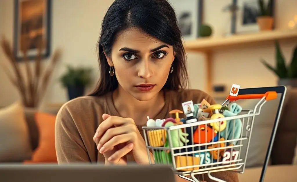 A woman staring at her overflowing online shopping cart