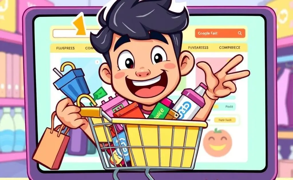 Cartoon of a person confidently adding unnecessary items to an online shopping cart