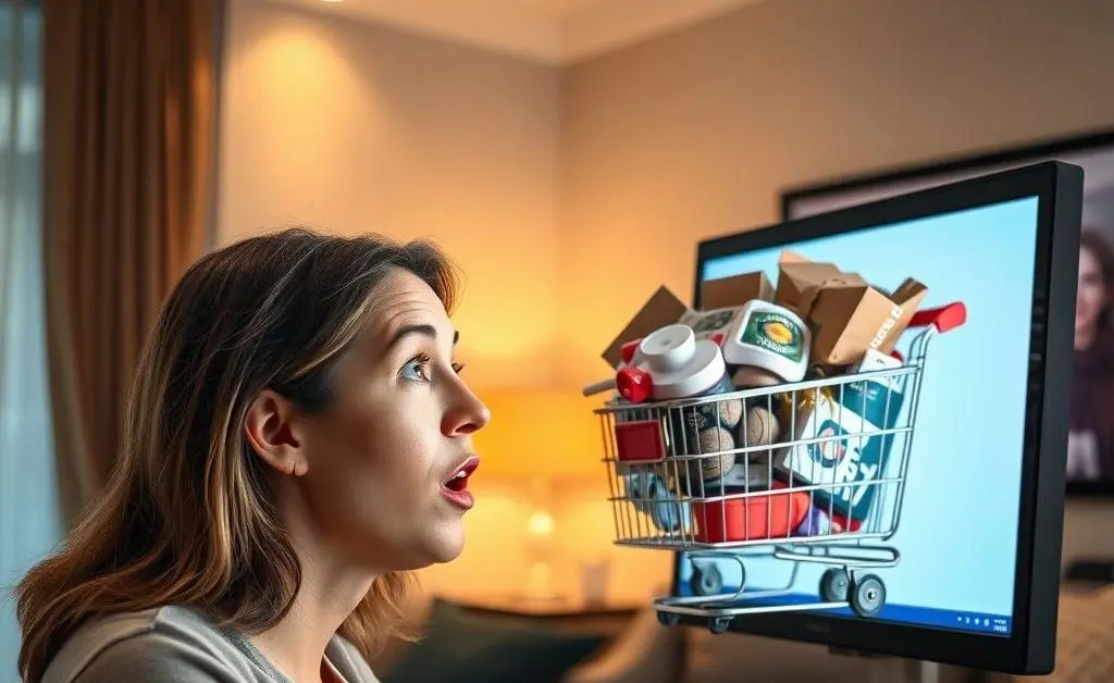 A woman staring at her overflowing online shopping cart on a computer screen, looking startled