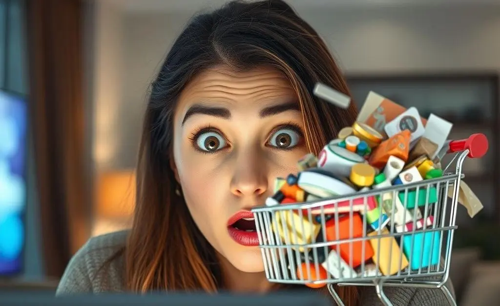 A woman staring at her overflowing online shopping cart