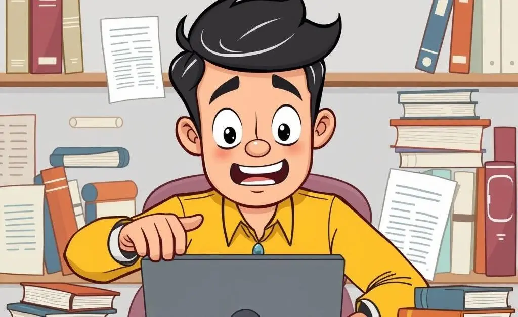 A cartoon man eagerly browsing a computer, surrounded by business-related books and coffee cups