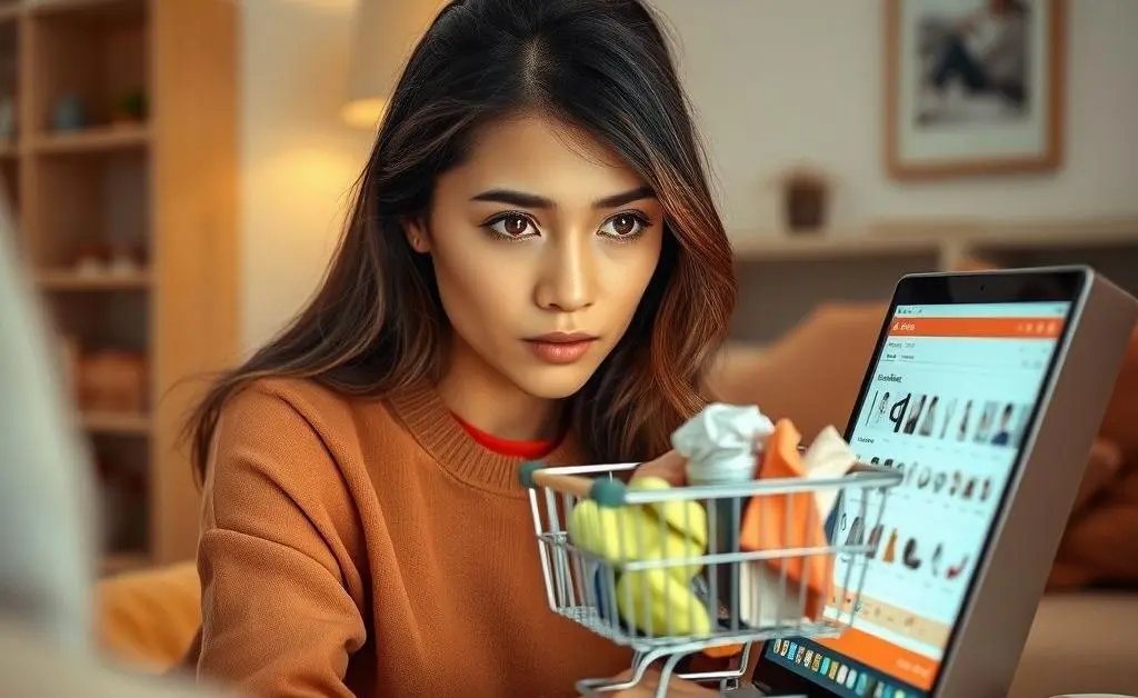 A woman staring at her overflowing online shopping cart