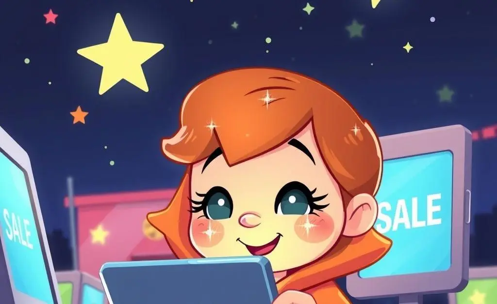 A cartoon character browsing an online sale with starry eyes
