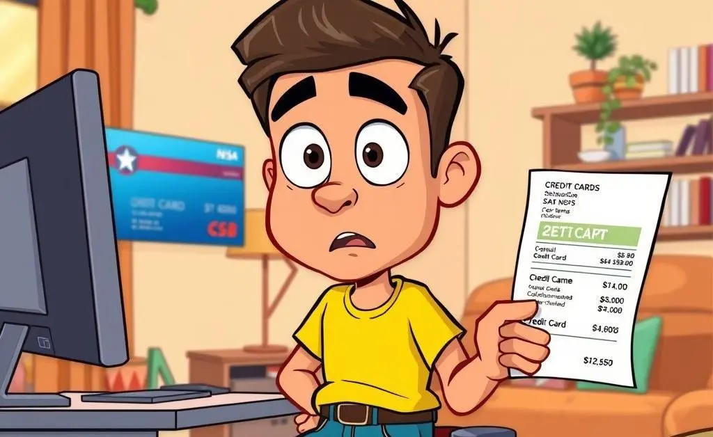 Cartoon of a man staring at a credit card statement looking shocked