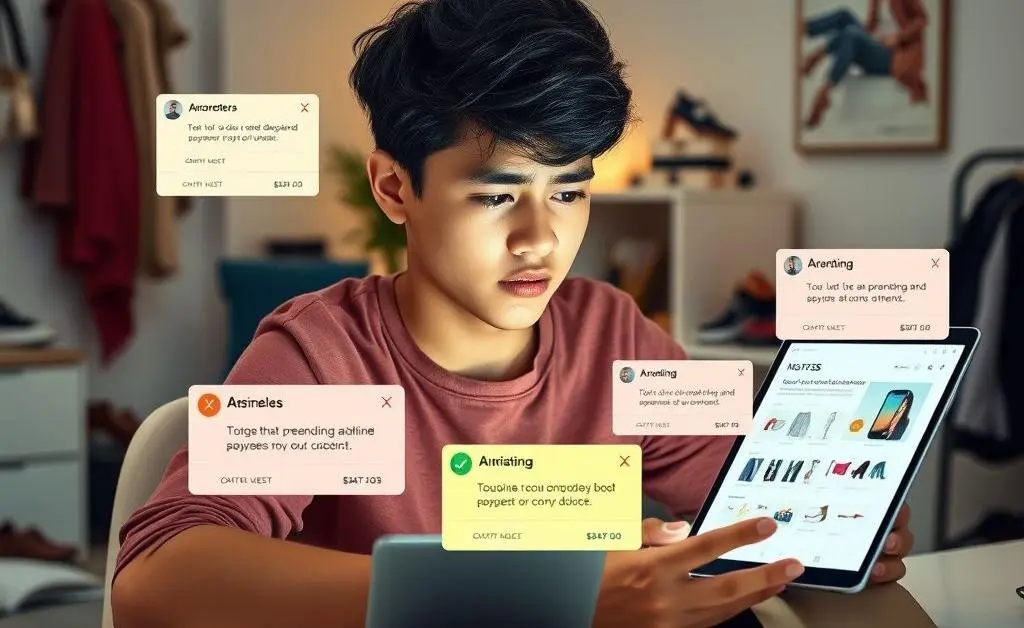 Character overwhelmed with online shopping alerts