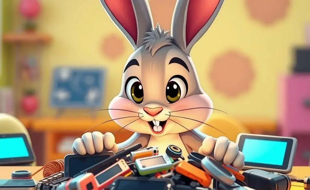 Cartoon bunny excitedly eyeing a pile of new gadgets