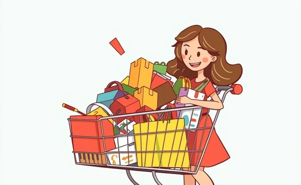 A cartoon of a woman with an overflowing online shopping cart