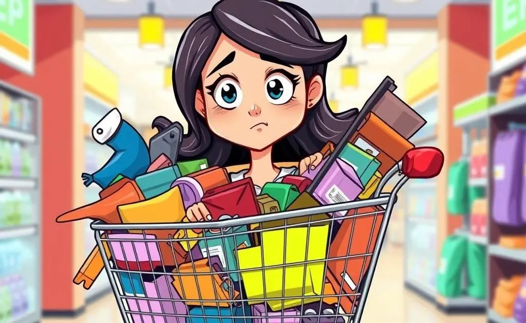 A cartoon woman with an overflowing online shopping cart, looking uncertain.
