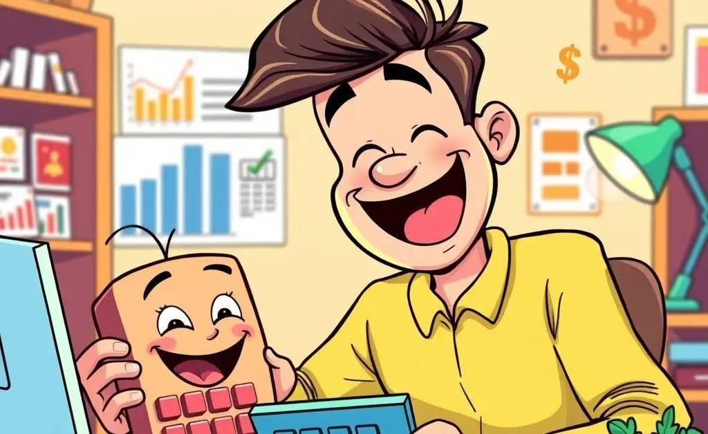 A man joyfully planning his budget with a smiling calculator