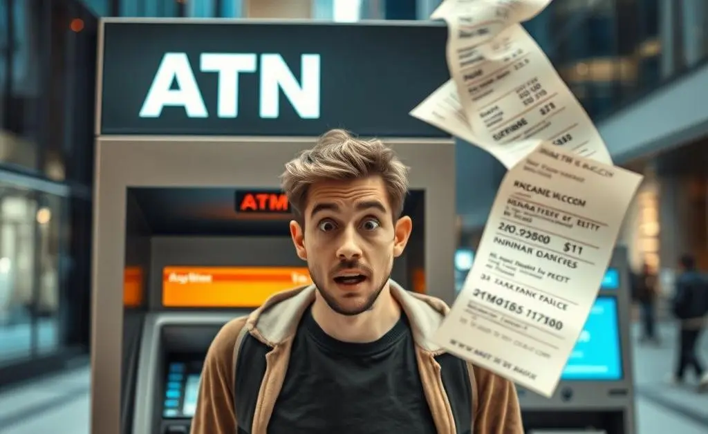 A person standing in front of an ATM, looking shocked as their receipt flies out with negative balance.