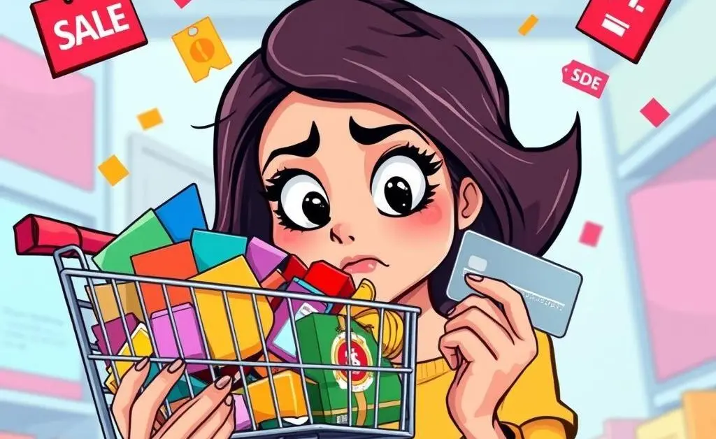 A cartoon woman staring at her online cart overflowing with items on sale, holding her credit card nervously