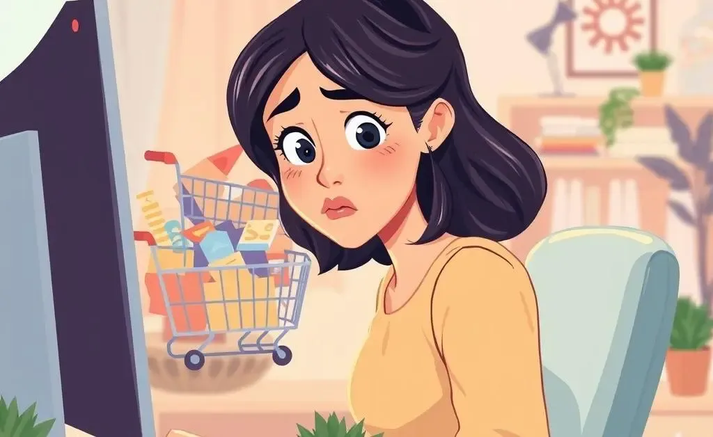 A woman staring at her overflowing online shopping cart