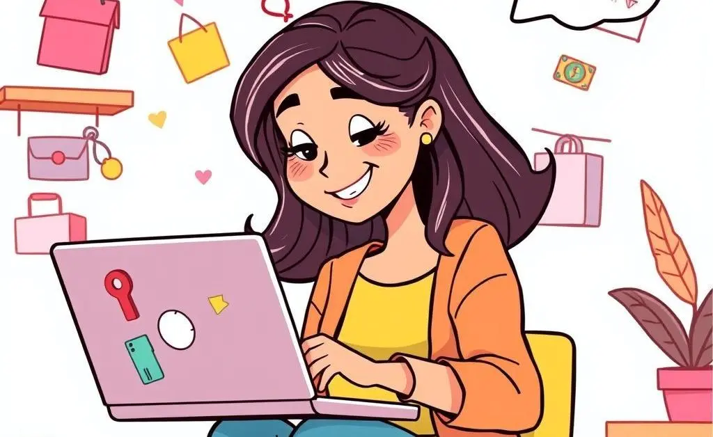 Cartoon woman buying online while oblivious to budget