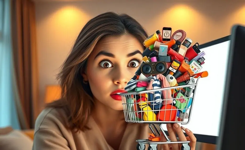 A woman staring at her overflowing online shopping cart.