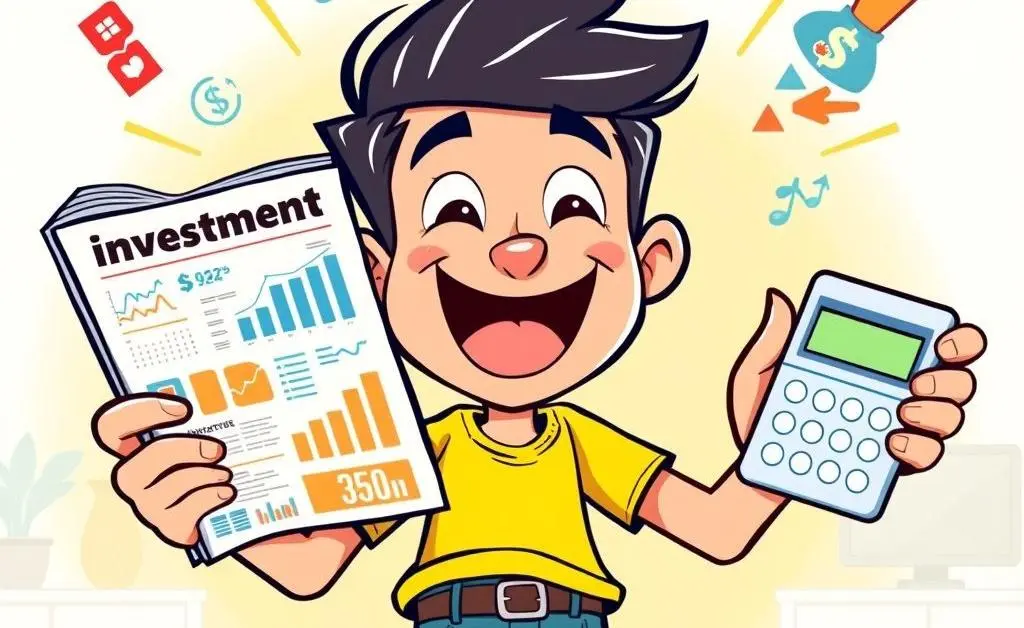 A cartoon man excitedly holding an investment magazine in one hand and calculator in the other