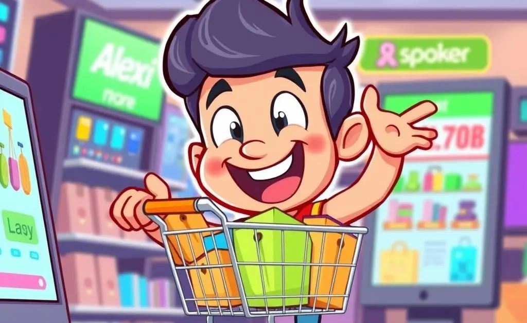 Cartoon character, Alex, excitedly filling a shopping cart online