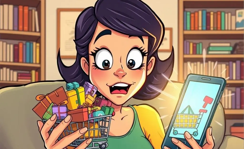 A woman staring at her overflowing online shopping cart