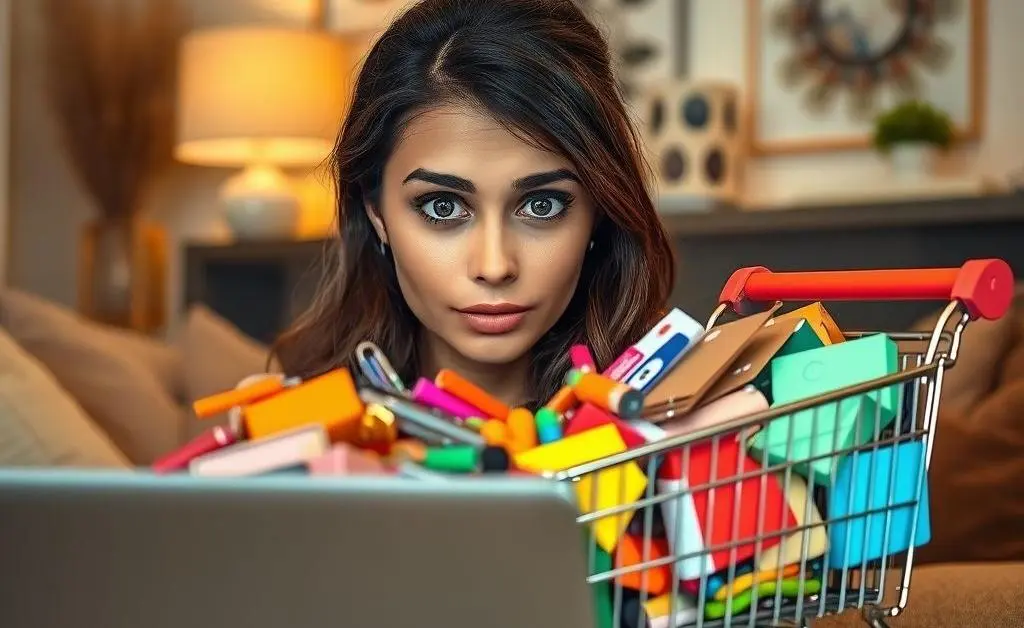 A woman staring at her overflowing online shopping cart