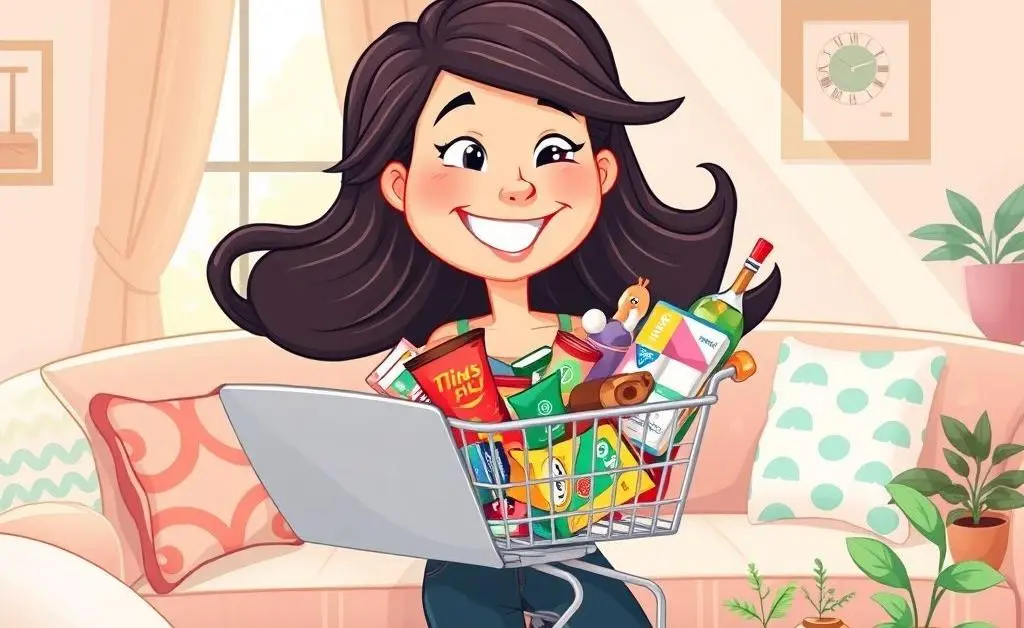 A woman staring at her overflowing online shopping cart