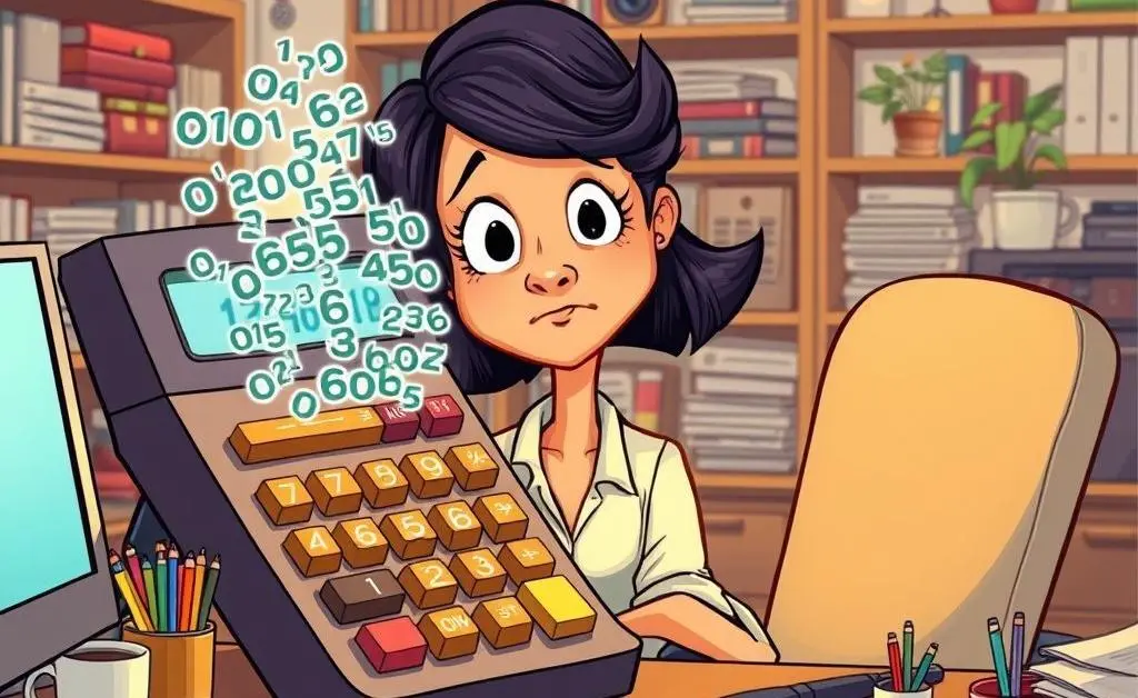 A cartoon image of a woman at her desk, looking puzzled at a calculator with numbers overflowing the screen
